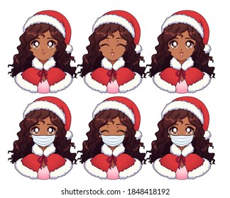 Anime expressions set. Cartoon american african girl wearing Christmas costume and medical mask. Hand drawn vector illustration isolated on white