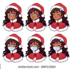 Anime expressions set. Cartoon american african girl wearing Christmas costume and medical mask. Hand drawn vector illustration isolated on white
