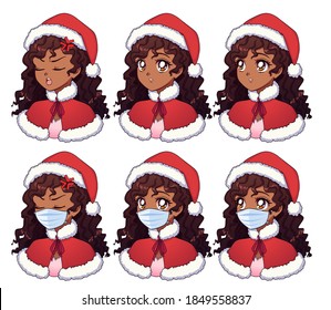 Anime expressions set. Cartoon american african girl wearing Christmas costume and medical mask. Hand drawn vector illustration isolated on white