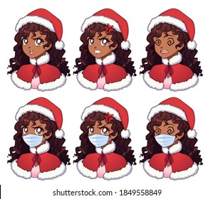 Anime expressions set. Cartoon american african girl wearing Christmas costume and medical mask. Hand drawn vector illustration isolated on white