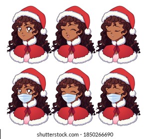 Anime expressions set. Cartoon american african girl wearing Christmas costume and medical mask. Hand drawn vector illustration isolated on white