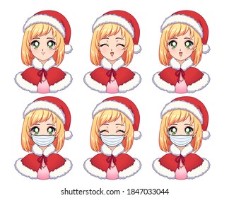 Anime expressions set. Kawaii blonde girl wearing Christmas costume and medical mask. Hand drawn vector illustration isolated on white