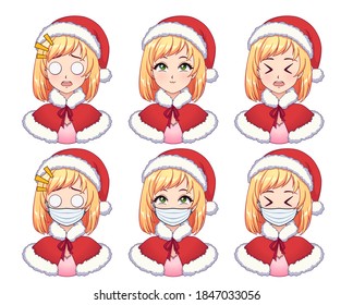 Anime expressions set. Kawaii blonde girl wearing Christmas costume and medical mask. Hand drawn vector illustration isolated on white