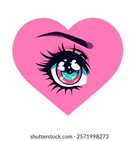 Anime eye in pink heart on white background. Trendy cute girlish cartoon style illustration for a print or sticker.