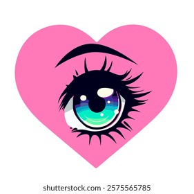 Anime eye in pink heart on white background. Trendy cute girlish cartoon style illustration for a print or sticker.