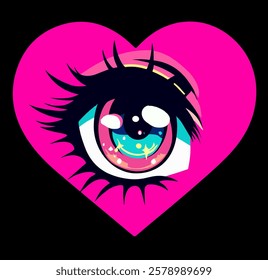 Anime eye in pink heart on black background. Trendy cute girlish cartoon style illustration for a print or sticker.