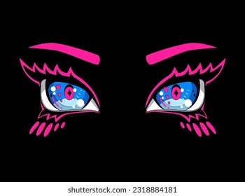 Anime eyes print. Looking girlish eyes. Kawaii woman poster. Girlish trendy t shirt design.