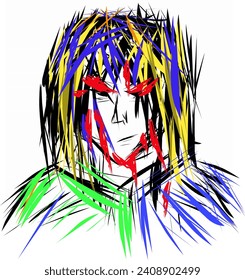 anime face illustrations with scary faces and colors