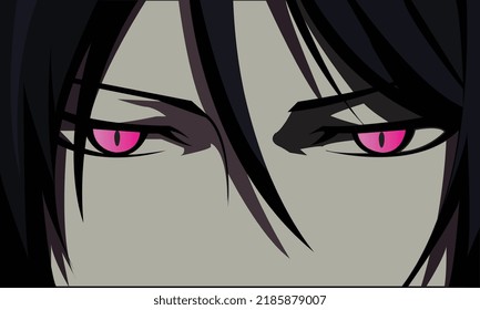 Anime face with purple eyes from cartoon. Web banner for anime, manga. Vector illustration.