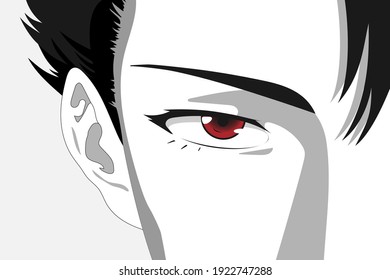 Anime face with red eyes. Web banner for anime, manga, cartoon. Vector illustration