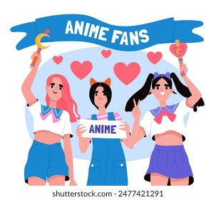 Anime fans concept. Girls in Japanese stylish clothes love manga and traditional Asian cartoons. Cosplay and entertainment. Cartoon flat vector illustration isolated on white background