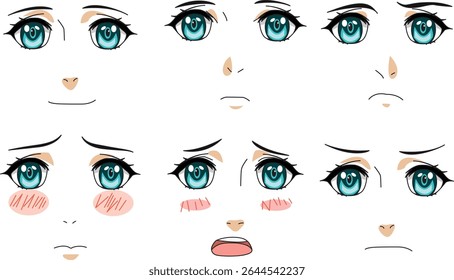 Anime Feminino Caractere Expressão Definir Vetor de Visão Frontal