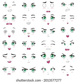 Anime female characters facial kawaii expressions. Manga woman mouth, eyes and eyebrows vector illustration set. Cartoon anime girls emotions. Cartoon face emotion manga comic eyes