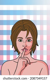 Anime Female Face. Young Sexy Bright Woman Holds Index Finger At The Mouth As Shh. Vector Illustration.