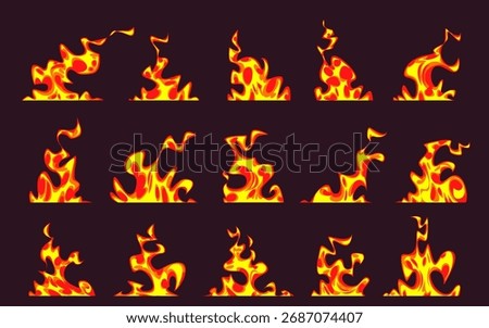 Anime fire background set with bright red and yellow flames on dark surface for game effects or animation. Various flame shapes and sizes with dynamic movement patterns. Stylized cartoon blazes