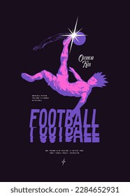 Anime football. Athletic japanese cartoon style soccer player kicking overhead vintage typography silkscreen t-shirt print.