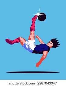 Anime football player kicking overhead isolated soccer character illustration.