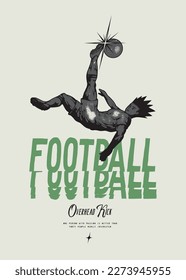 Anime Football. Soccer player kicking ball overhead. Football vintage typography silkscreen t-shirt print vector illustration