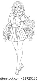 Anime full body manga visual novel npc sprite. Vector line art coloring book. Wearing cat ears and school uniform.