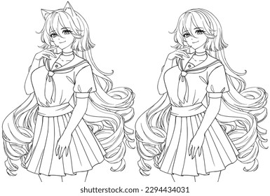 Anime, novela visual de manga de cuerpo completo, sprite npc. Libro de colorear arte de línea de vectores. Usando orejas de gato y uniforme escolar.