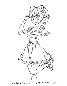 Anime full body manga visual novel npc sprite. Vector line art coloring book. Casual clothes