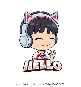 Anime gamer boy character saying hello streamer mascot logo vector