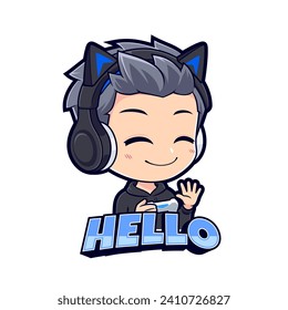 Anime gamer boy character waving hand esport mascot logo vector