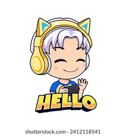 Anime gamer boy say hello esport mascot logo vector