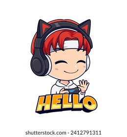 Anime gamer boy say hello esport mascot logo vector