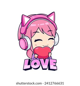 Anime gamer girl giving love sticker mascot logo