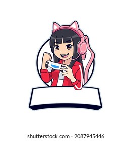 Anime gamer girl mascot logo for esport with blank space banner