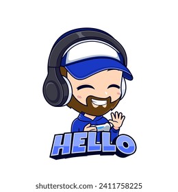 Anime gamer guy character waving hand esport mascot logo vector