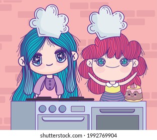 anime gils in kitchen with chef hats