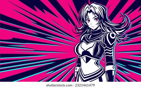 Anime girl in armor, cyborg costume, astronaut. Rays of light, explosion. Vector image in manga and anime style.