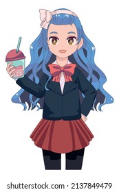 anime girl with beverage comic style