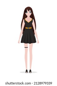 Anime girl in a black dress. Vector illustration