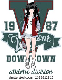 anime girl, anime girl with black long hair in front of college style slogan vector graphic