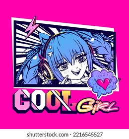 Anime Girl With Blue Hair And Headphones With Cat Ears On Pink Background. Girlish Comics Style Poster. Asian Teenager Face. Cool Girl Illustration Manga