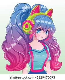 anime girl with blue hair, headphones with cat ears. Fashionista poster. Kawaii girl t shirt design