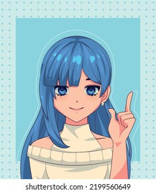 anime girl blue hair, vector style