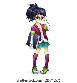 anime girl with a book on a white background, schoolgirl, vector illustration