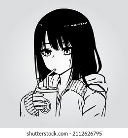 
Anime Girl With A Bottle From Manga. Vector Graphics, Sticker. Black And White Anime Girl