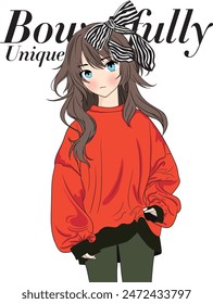 anime girl with bowtifully unique slogan typography, vector illustration, for t-shirt graphic.