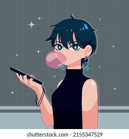 anime girl with bubble gum and mobile