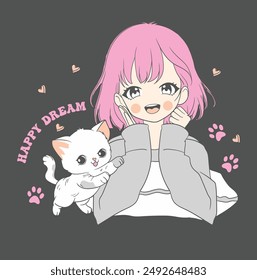 anime girl with cat. happy dream slogan. big eyes