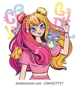 Anime girl with cats and text Cool girl. Colorful kawaii girl illustration.