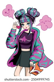 Anime girl with colorful hairs and trendy colors. Korean girl with hair. Fashion women.