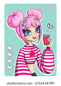 Anime girl with cup of coffe. School girl illustration. Manga style woman with space buns hairstyle. Pink hair. Smiling face. Pretty young girl kawaii. School girl