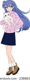 anime girl, cute cat and anime girl with blue long hair are standing, cat illustration