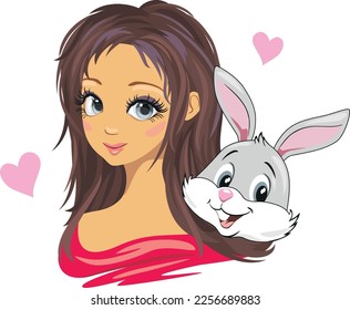 Anime girl and cute rabbit. Vector